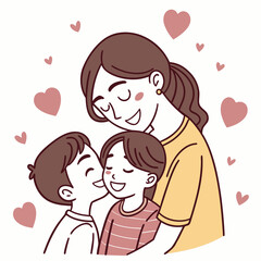 Mother Embracing Two Children With Hearts family love