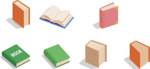 Obraz premium Cartoon books, colorful covers, open and closed, reading icons, vector illustration, education theme, isolated objects, stock image