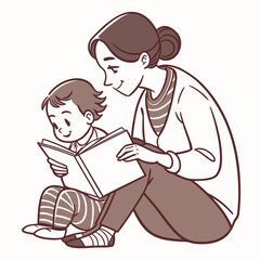 Mother and child reading a book together on white background Keywords: mother, child, kid
