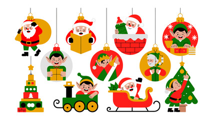 Holiday Ornament Characters: Festive Christmas ornaments, featuring Santa Claus and charming elf characters, are suspended against a clean backdrop.