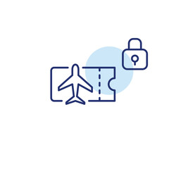 Plane ticket and lock. Digital aviation security, protected travel and holiday. Pixel perfect, editable stroke vector icon