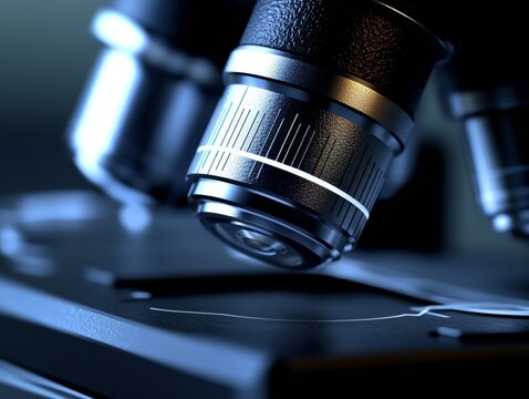 Selective focus. Scientist observing nanorobots under microscope in research laboratory. Close-up of scientist studying microscopic nanorobots for scientific research