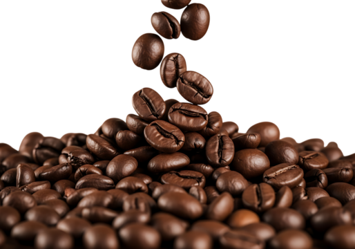 Pile of roasted coffee beans falling isolated on transparent background