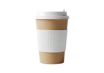 Brown paper coffee cup with white lid and sleeve isolated on transparent background