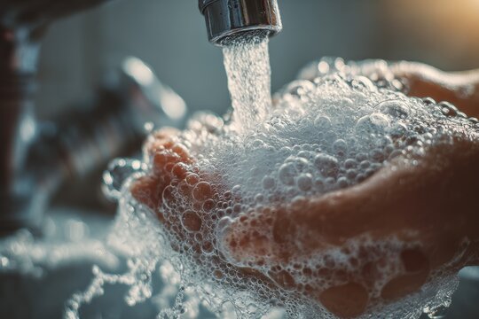 Sunlit Ritual - A Dynamic Close-Up of Hands Washing Under a Gushing Faucet.