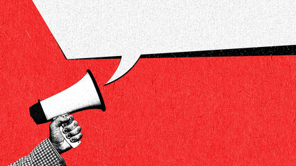 Bold composition of a hand holding a megaphone with a strong speech bubble. Concept of loud messaging, brand communication, urgent announcements, expressive corporate voice.