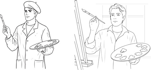 Two artists holding paintbrushes and palettes line art illustration