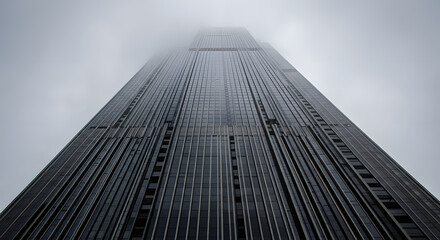 Geometric building facade in mist