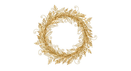 Elegant golden wreath composed of delicate leaves and tiny floral elements creating a circular frame.