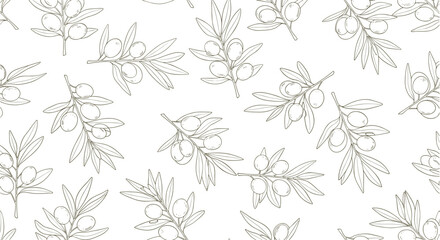 Fototapeta premium A delicate pattern of small leafy branches with scattered dots on a white background.