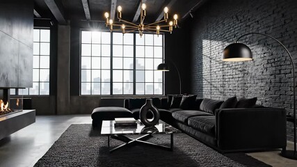 Modern living room scene with black couch and fireplace, capturing the essence of urban chic and perfect for conveying warmth, community, relaxation, leisure, or metropolitan vibe in commercials.