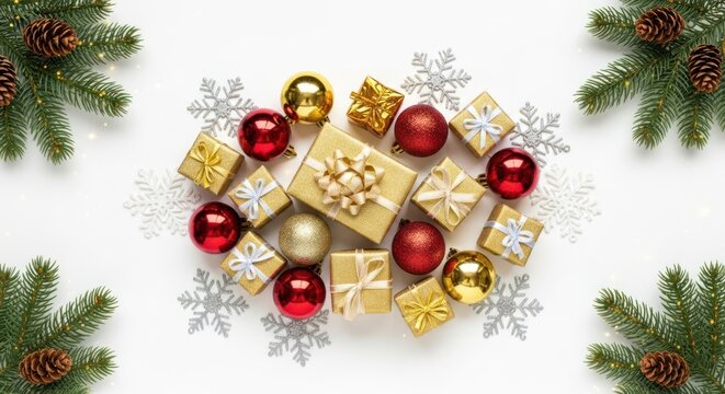 A festive Christmas flat lay with gold and red gifts, ornaments, and pine branches on a white background.