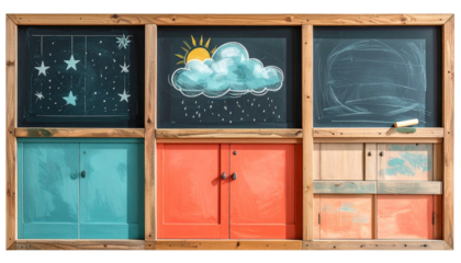 A wooden frame with chalkboard art above colorful cabinets