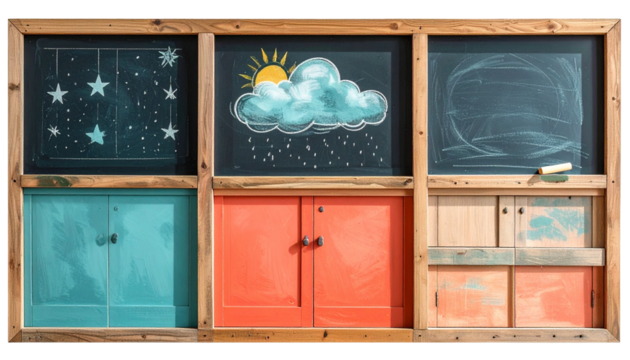 A wooden frame with chalkboard art above colorful cabinets