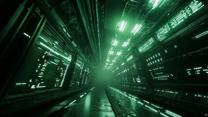 Green digital code processing in futuristic data tunnel - Powered by Adobe