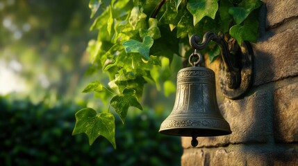 Fototapeta premium A vintage bell hangs peacefully among vibrant green ivy, creating a serene garden atmosphere, This image can be used for nature articles, home decor concepts, or relaxation-themed projects,