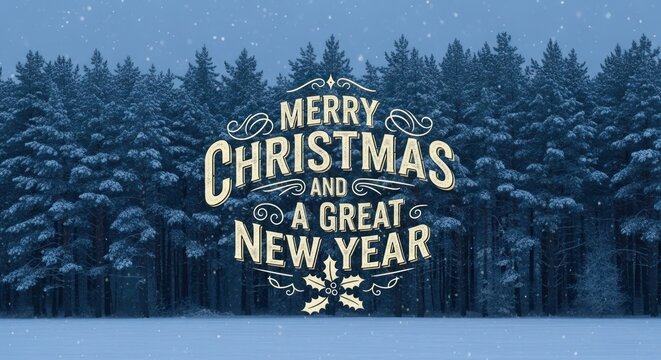 A festive "Merry Christmas and a Great New Year" greeting with vintage typography over a snowy pine forest background.