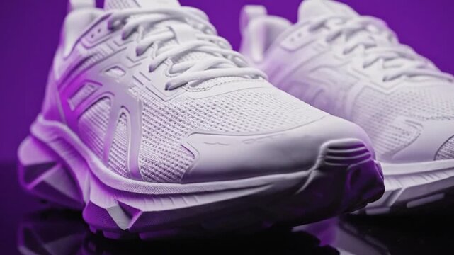 Modern white athletic shoes displayed against purple background