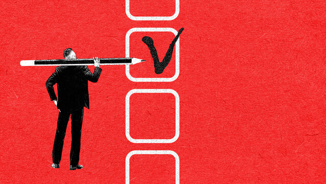 Focused composition of businessman marking a checklist with a giant pencil. Concept of planning workflow, task management, productivity, corporate organization.