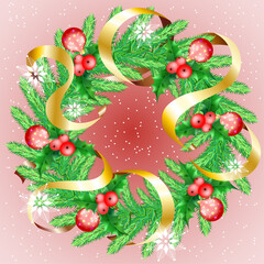 New Year's wreath, festive illustration. The green branches of the spruce with balls and snowflakes and streamers.
