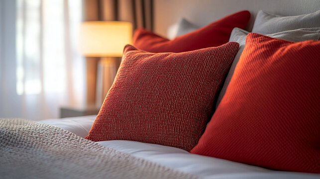 Inviting hotel room with luxury bedding and plush pillows creates a relaxing ambiance for travel or vacation promoting comfort, rest, and stylish accommodations
