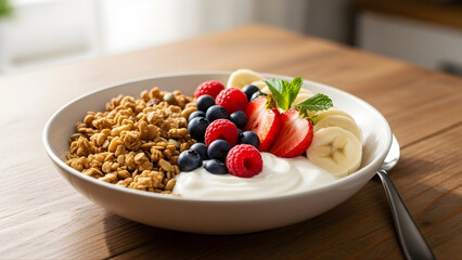 Healthy yogurt bowl with granola fresh berries and banana slices