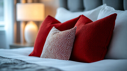 Inviting bedroom retreat with textured red pillows and geometric accent cushion, promising cozy comfort and tranquil relaxation for restorative nights and peaceful mornings