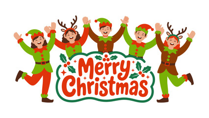 Joyful Christmas Elves: A spirited ensemble of elves, adorned in festive attire, radiates holiday cheer, arms raised in a gesture of merry celebration. 