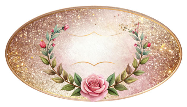 Oval frame with rose, greenery, and sparkling backdrop