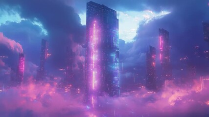 Person standing in cyberpunk city facing glowing skyscraper