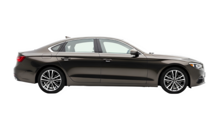 Sleek dark grey luxury sedan car with sporty alloy wheels isolated on transparent background