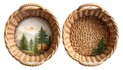 Two round woven baskets, one with landscape art, other with spiral weave