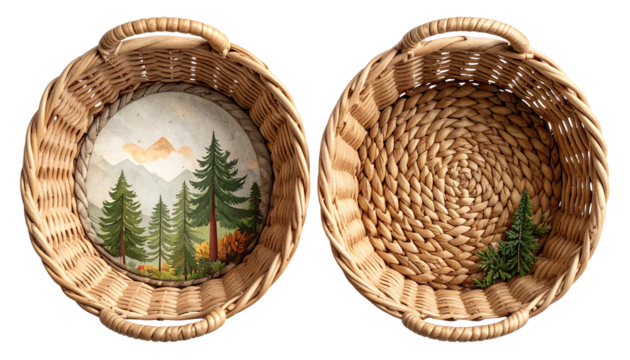 Two round woven baskets, one with landscape art, other with spiral weave