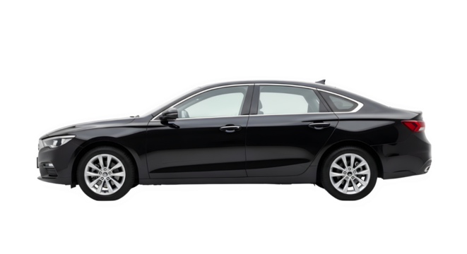A sleek black sedan car shown in profile view isolated on transparent background