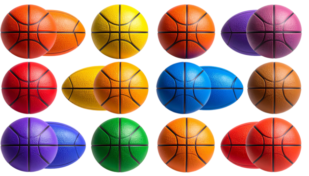 A grid of colorful, overlapping basketballs arranged in rows and columns