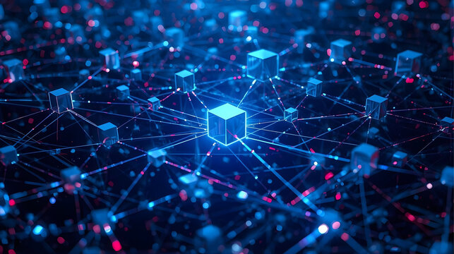 A futuristic 3D visualization illustrating secure, decentralized data blocks (nodes) within an interconnected digital chain.