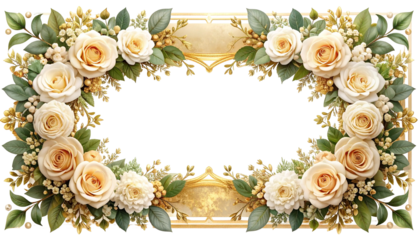 An oval frame intricately decorated with cream roses, greenery, and gold accents