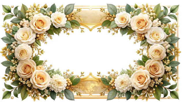 An oval frame intricately decorated with cream roses, greenery, and gold accents