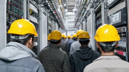 Group of Diverse Workers Wearing Yellow Hard Hats Walking Through a Server Room Filled with Racks of Equipment and Cables Under Bright Overhead Lighting - Powered by Adobe