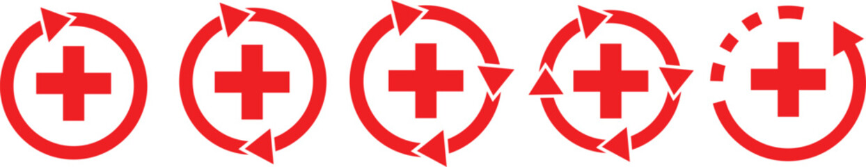 Health recovery icon set. Medical plus sign with refresh symbol. medical care, health services, or a refresh cycle, isolated on transparent  background

