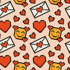 Seamless pixel art love pattern with hearts, emojis and love letters.Perfect for Valentines Day designs, romantic gifts, retro wallpapers and digital backgrounds.