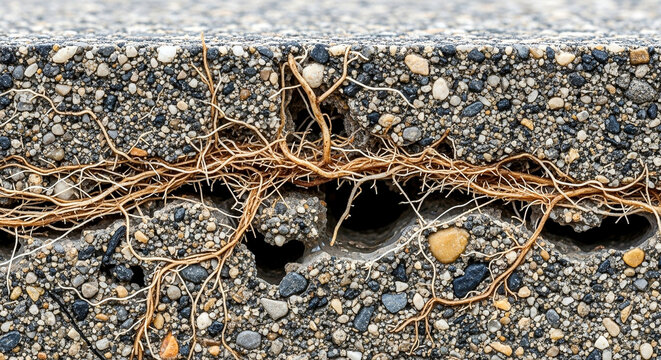 Plant roots growing through concrete cross section showing resilience
