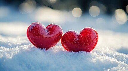 Fototapeta premium Two Bright Red Hearts on a Snowy Surface with Sparkling Background and Winter Wonderland Atmosphere for Love and Valentine's Day Imagery