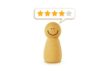 Wooden pawn and speech bubble with four stars - Concept of feedback and customer satisfaction