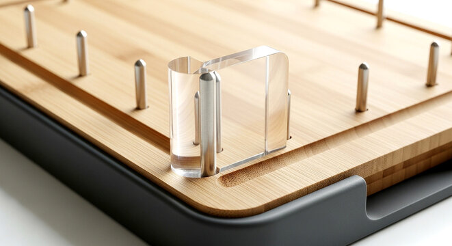 Modern wooden cutting board with integrated acrylic and metal accessories