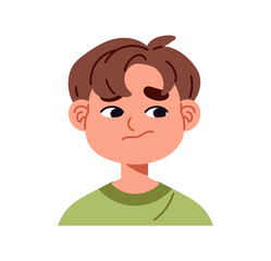 Confused little boy with puzzled face. Avatar of offended child with sad facial expression. Frustrated kid with embarrassed emotions is thinking and doubts. Flat isolated vector illustration on white