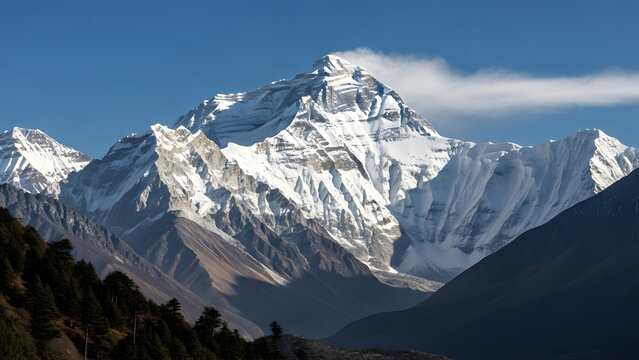 Majestic snow capped mountain peaks under a clear blue sky - Powered by Adobe