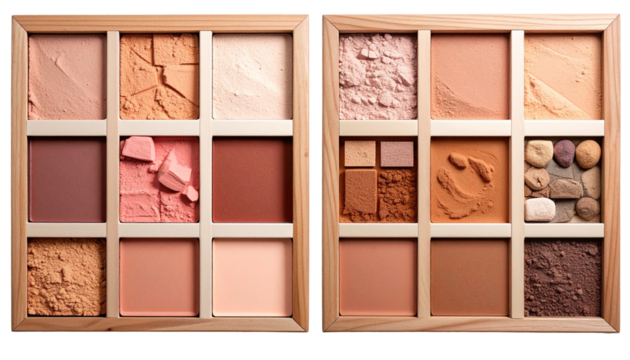 Two wooden palettes, each with multiple sections holding different textures and shades