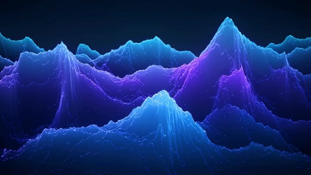 An abstract digital landscape glows with blue and purple hues, creating peaks and valleys