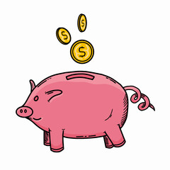Cute Hand drawn piggy bank with dollar coins vector illustration. Coin falling in piggy bank. Concept of investment and financial economy